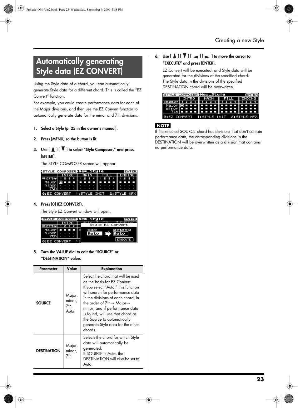 Automatically generating style data (ezconvert), Automatically generating style data (ez convert)23, Automatically generating style data (ez convert) | 23 creating a new style | Roland PRELUDE MUSIC KEYBOARD 2 User Manual | Page 23 / 48