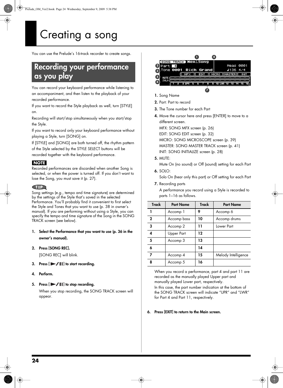 Creating a song, Recording your performance as you play | Roland PRELUDE MUSIC KEYBOARD 2 User Manual | Page 24 / 48