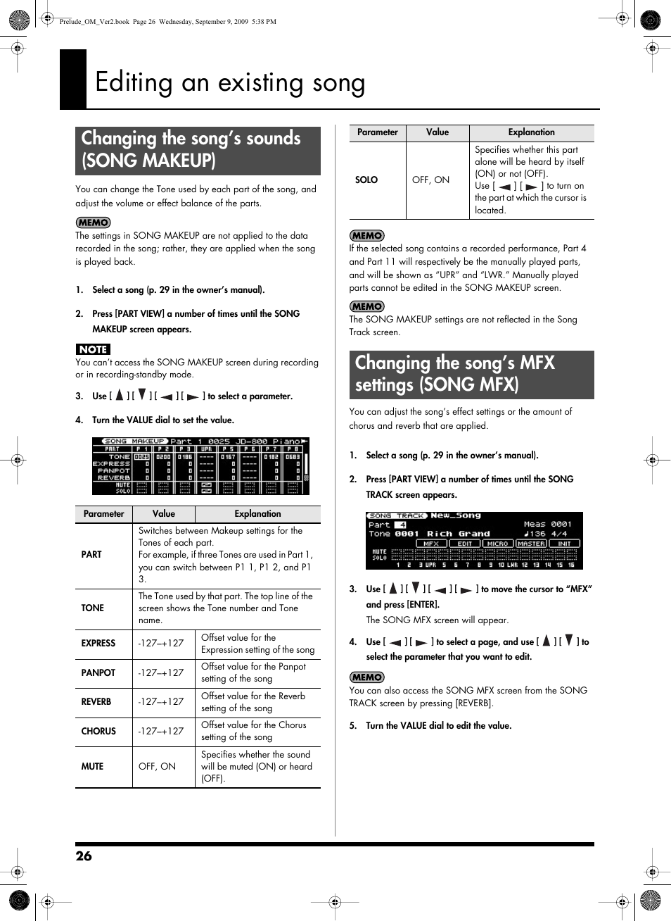 Editing an existing song, Changing the song’s sounds (songmakeup), Changing the song’s mfx settings (song mfx) | Mfx: song mfx screen (p. 26), Changing the song’s sounds (song makeup) | Roland PRELUDE MUSIC KEYBOARD 2 User Manual | Page 26 / 48