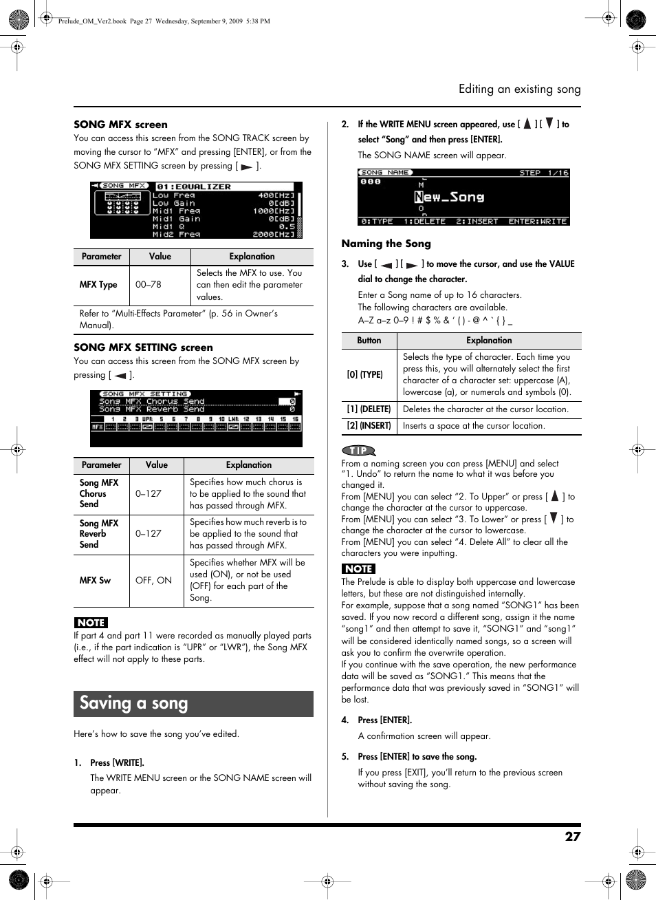 Saving a song, Lose the song, you must save it (p. 27), 27 editing an existing song | Roland PRELUDE MUSIC KEYBOARD 2 User Manual | Page 27 / 48