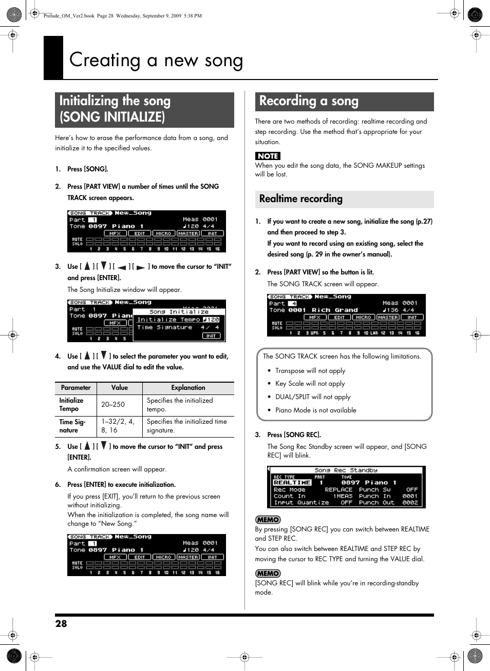 Creating a new song, Initializing the song (songinitialize), Recording a song | Realtime recording, Init: song initialize screen (p. 28), Initializing the song (song initialize) | Roland PRELUDE MUSIC KEYBOARD 2 User Manual | Page 28 / 48