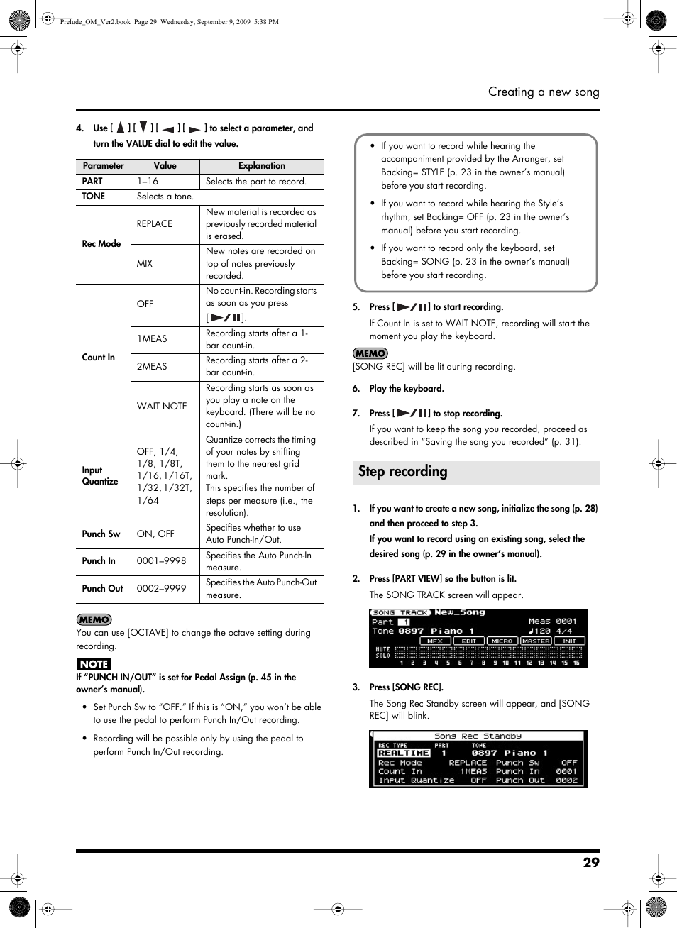 Step recording, 29 creating a new song | Roland PRELUDE MUSIC KEYBOARD 2 User Manual | Page 29 / 48