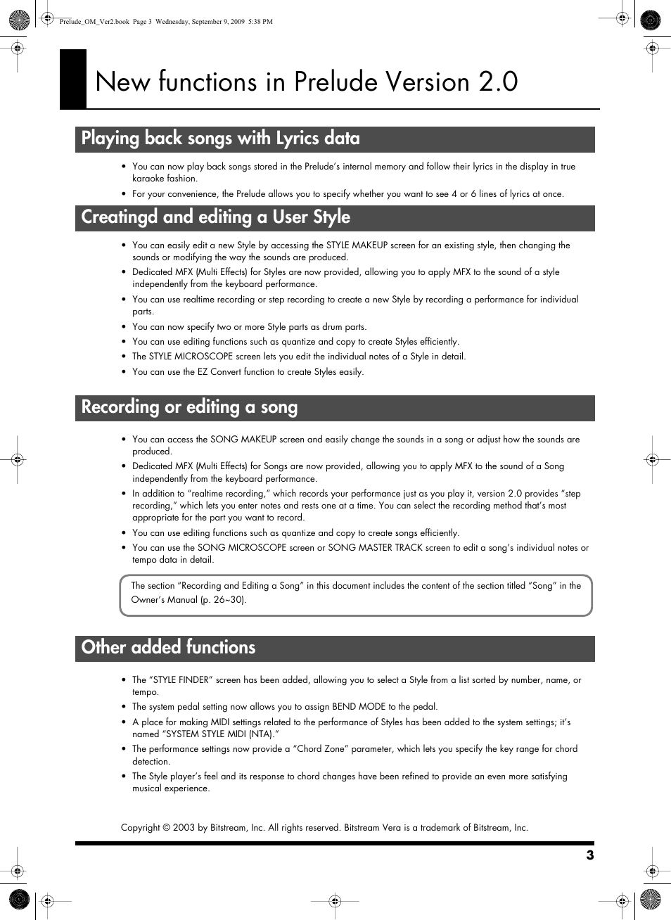 New functions in prelude version 2.0, Playing back songs with lyrics data, Creatingd and editing a user style | Recording or editing a song, Other added functions, New functions in prelude version 2.0 .3, New functions in prelude version 2.0 | Roland PRELUDE MUSIC KEYBOARD 2 User Manual | Page 3 / 48