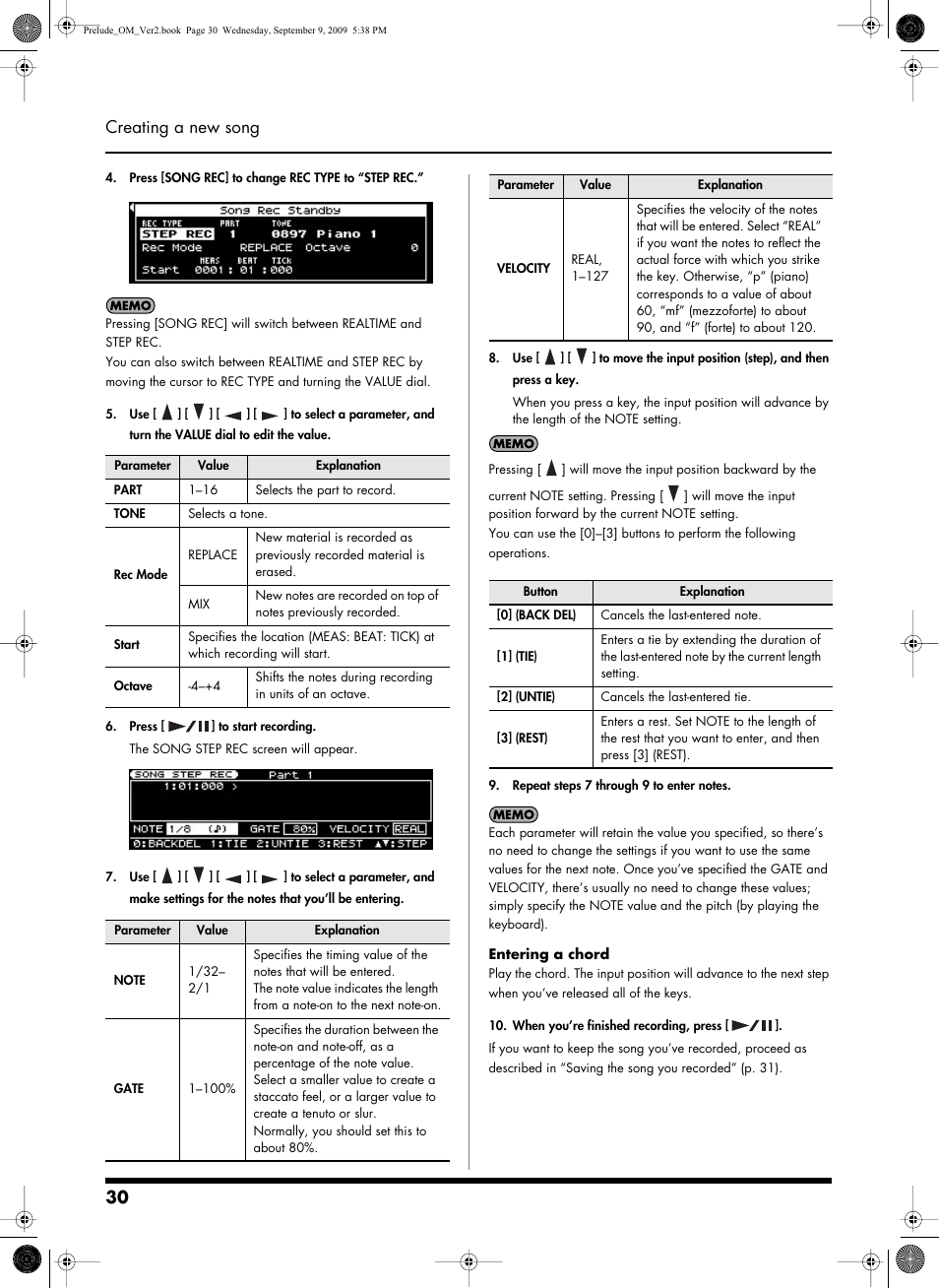 30 creating a new song | Roland PRELUDE MUSIC KEYBOARD 2 User Manual | Page 30 / 48