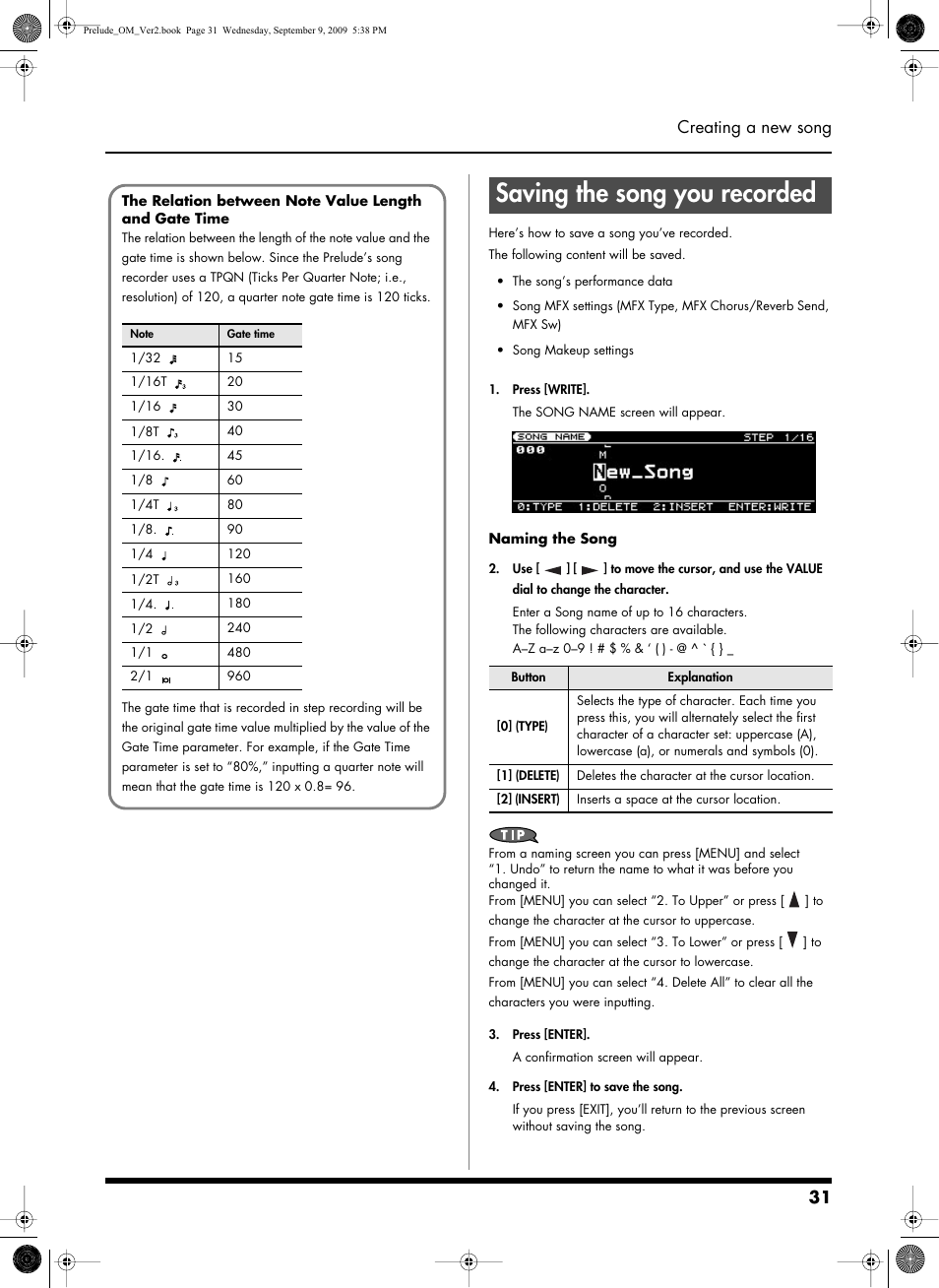 Saving the song you recorded, 31 creating a new song | Roland PRELUDE MUSIC KEYBOARD 2 User Manual | Page 31 / 48