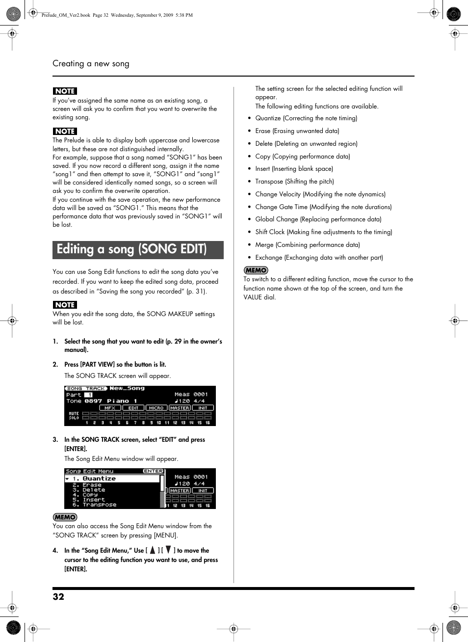 Editing a song (song edit), Edit: song edit screen (p. 32), 32 creating a new song | Roland PRELUDE MUSIC KEYBOARD 2 User Manual | Page 32 / 48