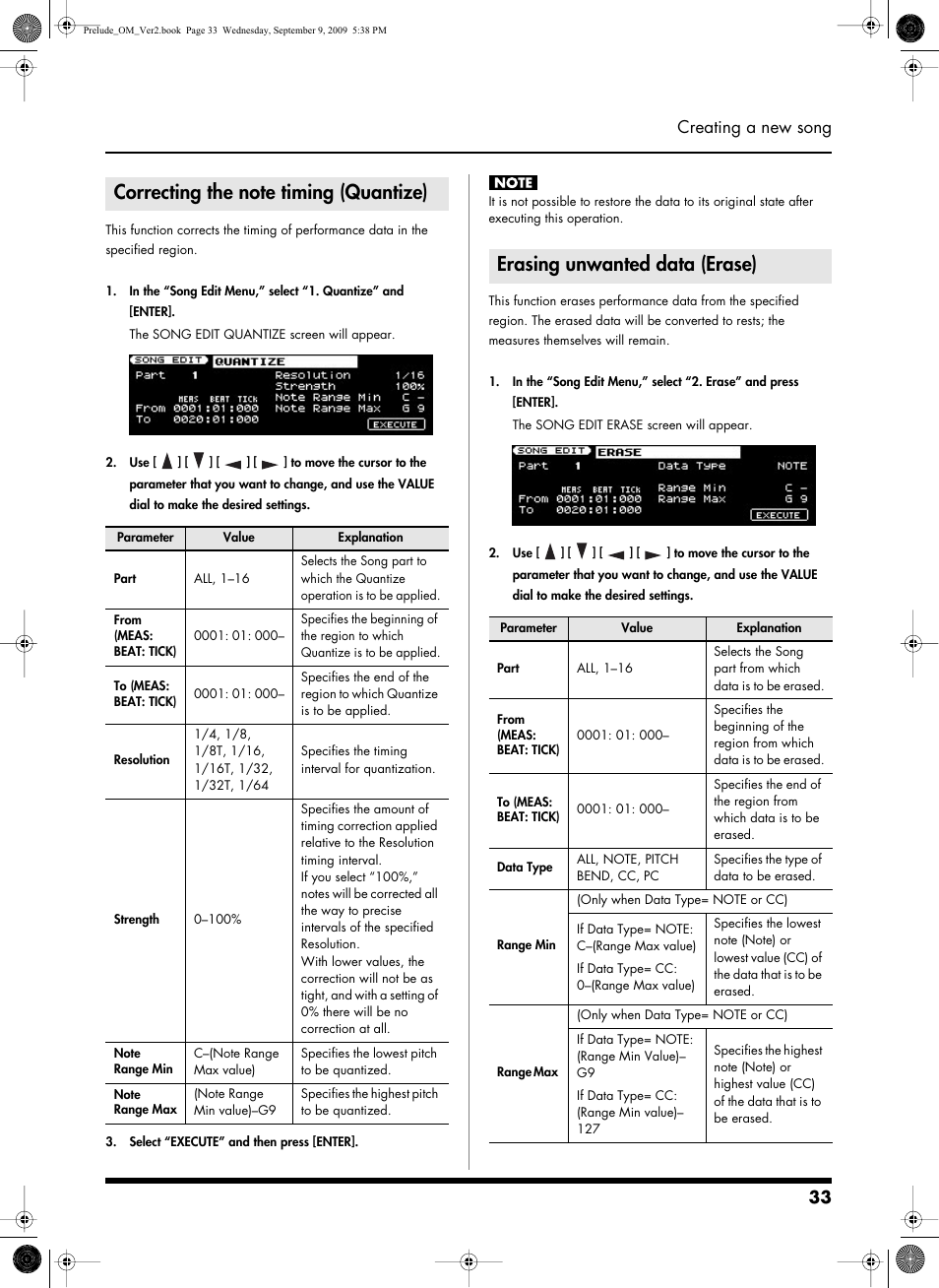 Correcting the note timing (quantize), Erasing unwanted data (erase), 33 creating a new song | Roland PRELUDE MUSIC KEYBOARD 2 User Manual | Page 33 / 48