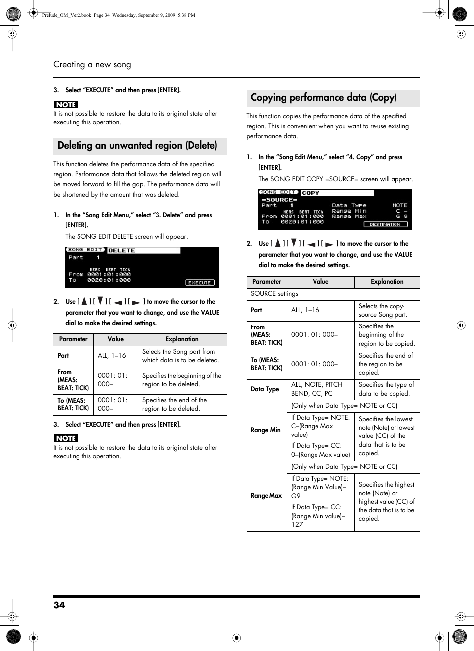 Deleting an unwanted region (delete), Copying performance data (copy), 34 creating a new song | Roland PRELUDE MUSIC KEYBOARD 2 User Manual | Page 34 / 48