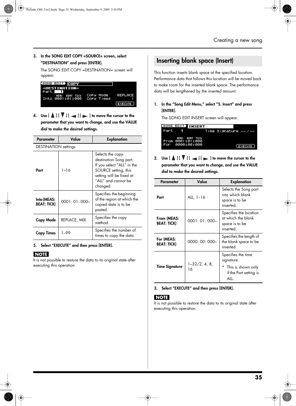 Inserting blank space (insert), 35 creating a new song | Roland PRELUDE MUSIC KEYBOARD 2 User Manual | Page 35 / 48