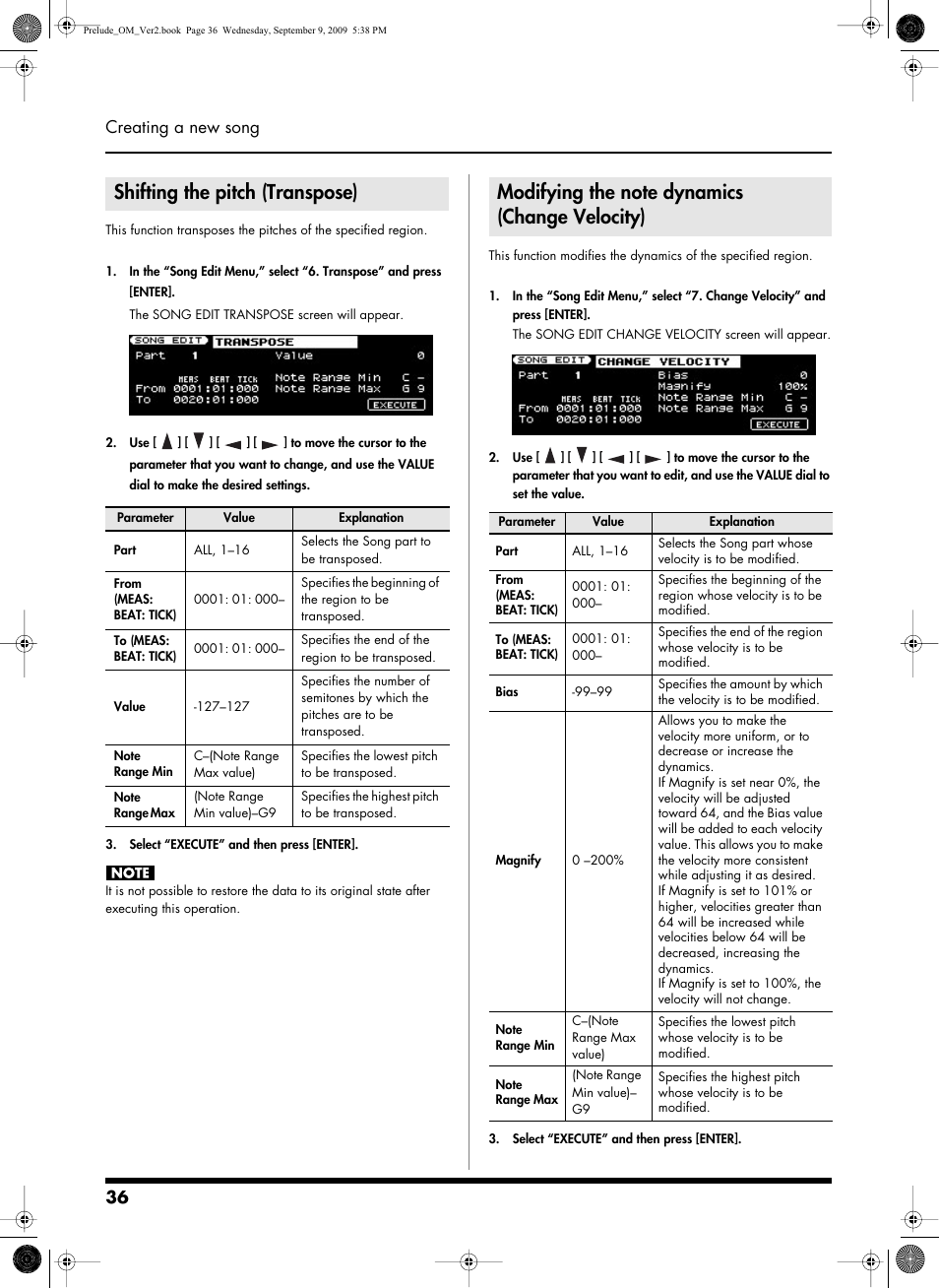 Shifting the pitch (transpose), Modifying the note dynamics (changevelocity), 36 creating a new song | Roland PRELUDE MUSIC KEYBOARD 2 User Manual | Page 36 / 48