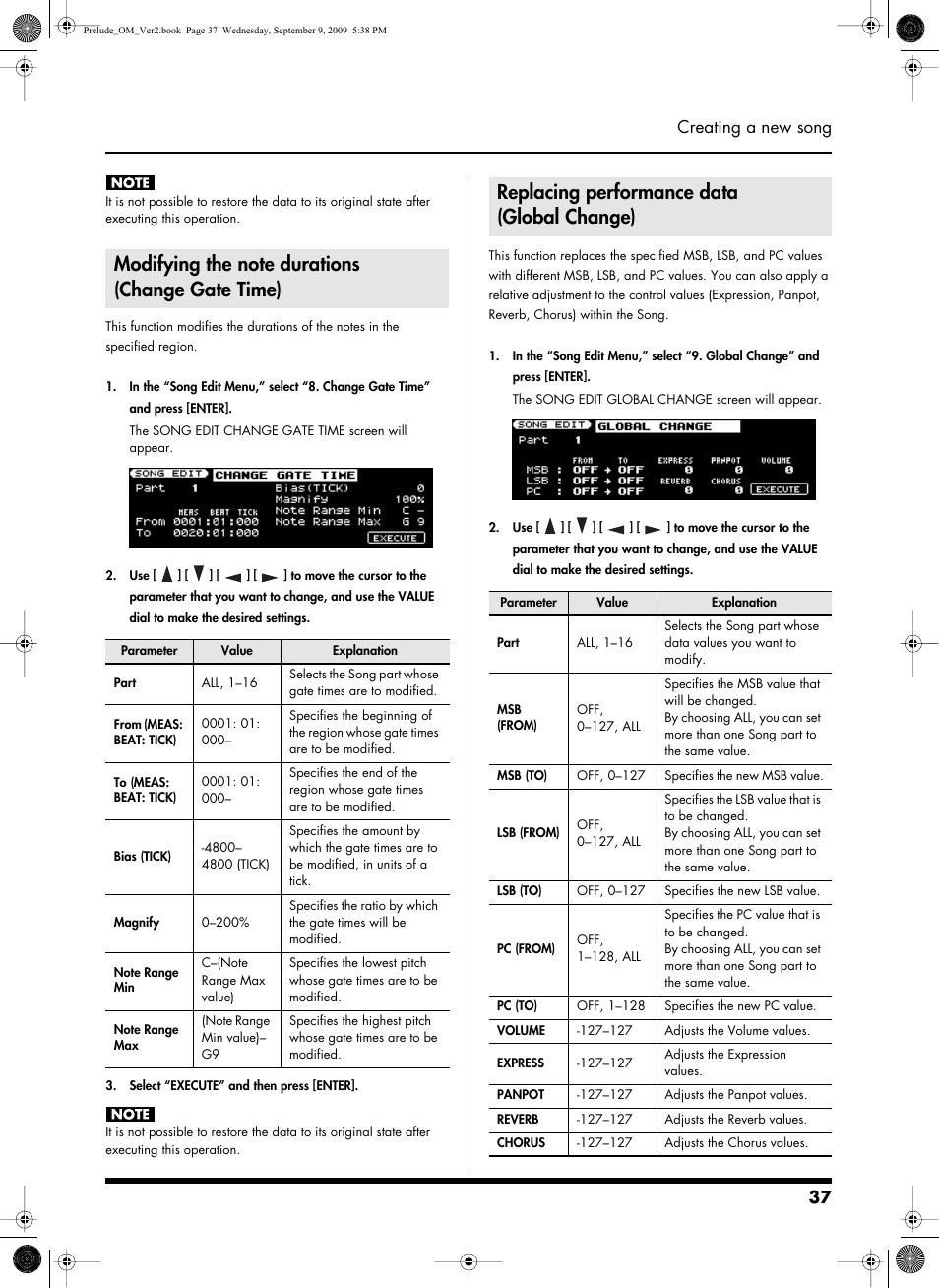 Modifying the note durations (changegatetime), Replacing performance data (globalchange), Replacing performance data (global change) | 37 creating a new song | Roland PRELUDE MUSIC KEYBOARD 2 User Manual | Page 37 / 48