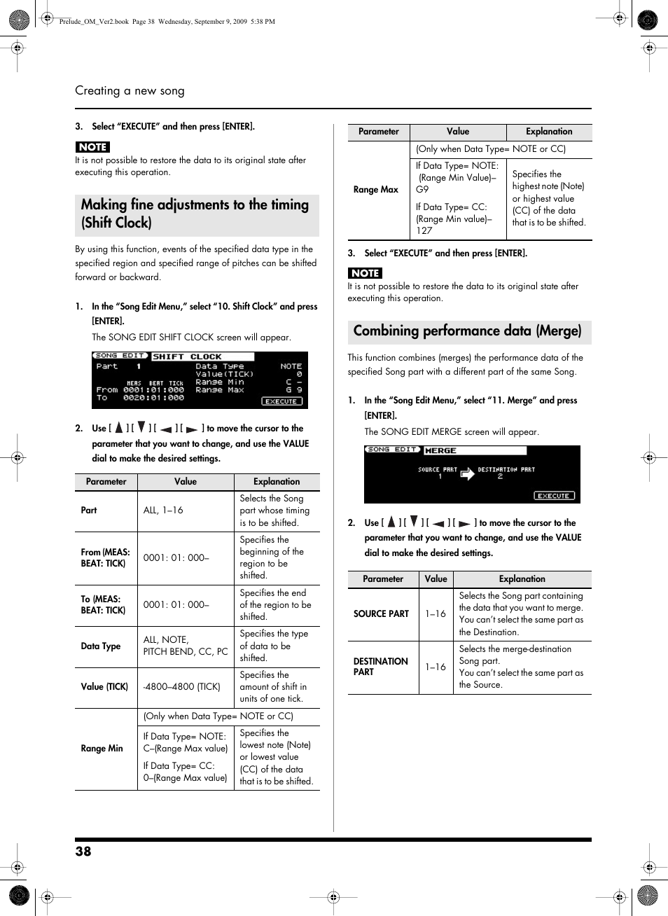 Combining performance data (merge), 38 creating a new song | Roland PRELUDE MUSIC KEYBOARD 2 User Manual | Page 38 / 48