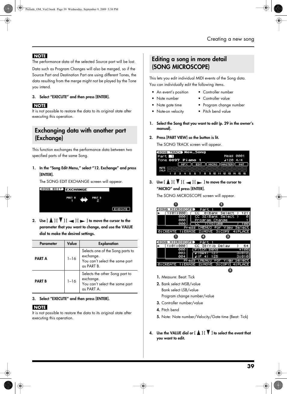 Exchanging data with another part (exchange), Editing a song in more detail (songmicroscope), Micro: song microscope screen (p. 39) | Editing a song in more detail (song microscope), 39 creating a new song | Roland PRELUDE MUSIC KEYBOARD 2 User Manual | Page 39 / 48