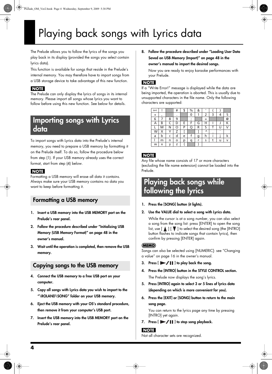 Playing back songs with lyrics data, Importing songs with lyrics data, Formatting a usb memory | Copying songs to the usb memory, Playing back songs while following the lyrics | Roland PRELUDE MUSIC KEYBOARD 2 User Manual | Page 4 / 48