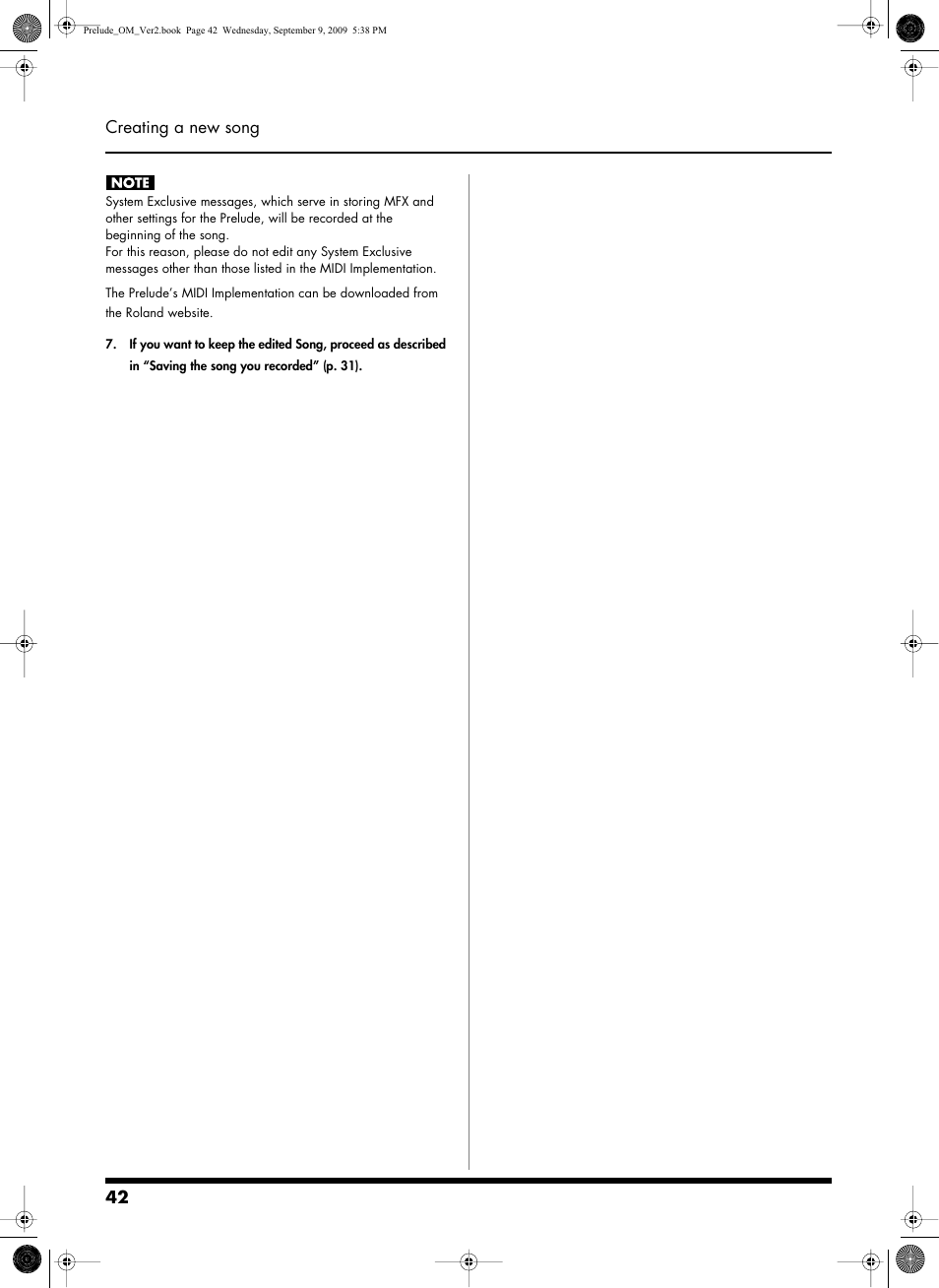 42 creating a new song | Roland PRELUDE MUSIC KEYBOARD 2 User Manual | Page 42 / 48