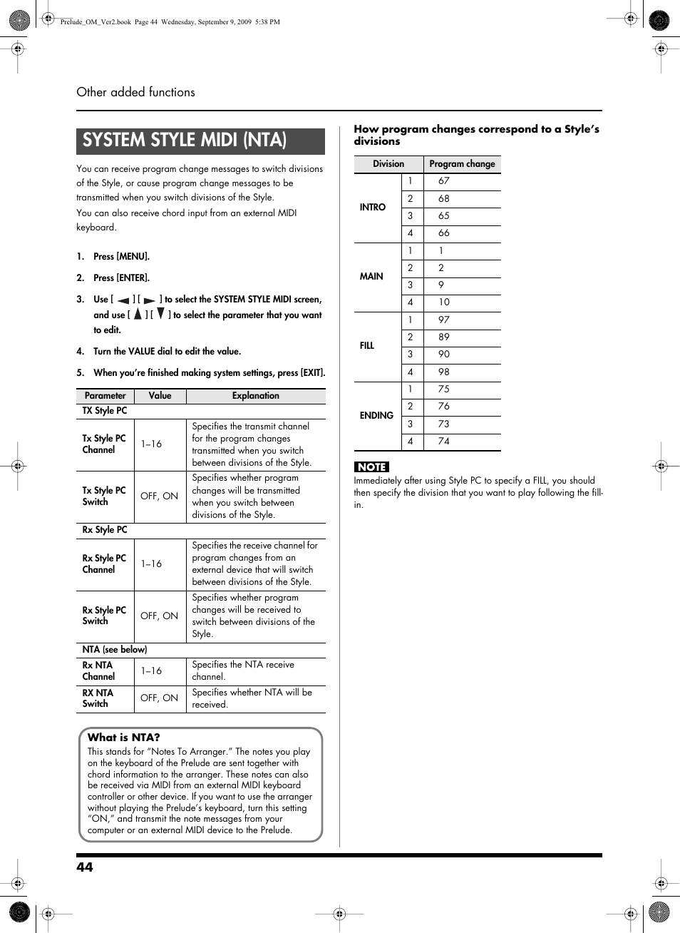 System style midi (nta), 44 other added functions | Roland PRELUDE MUSIC KEYBOARD 2 User Manual | Page 44 / 48