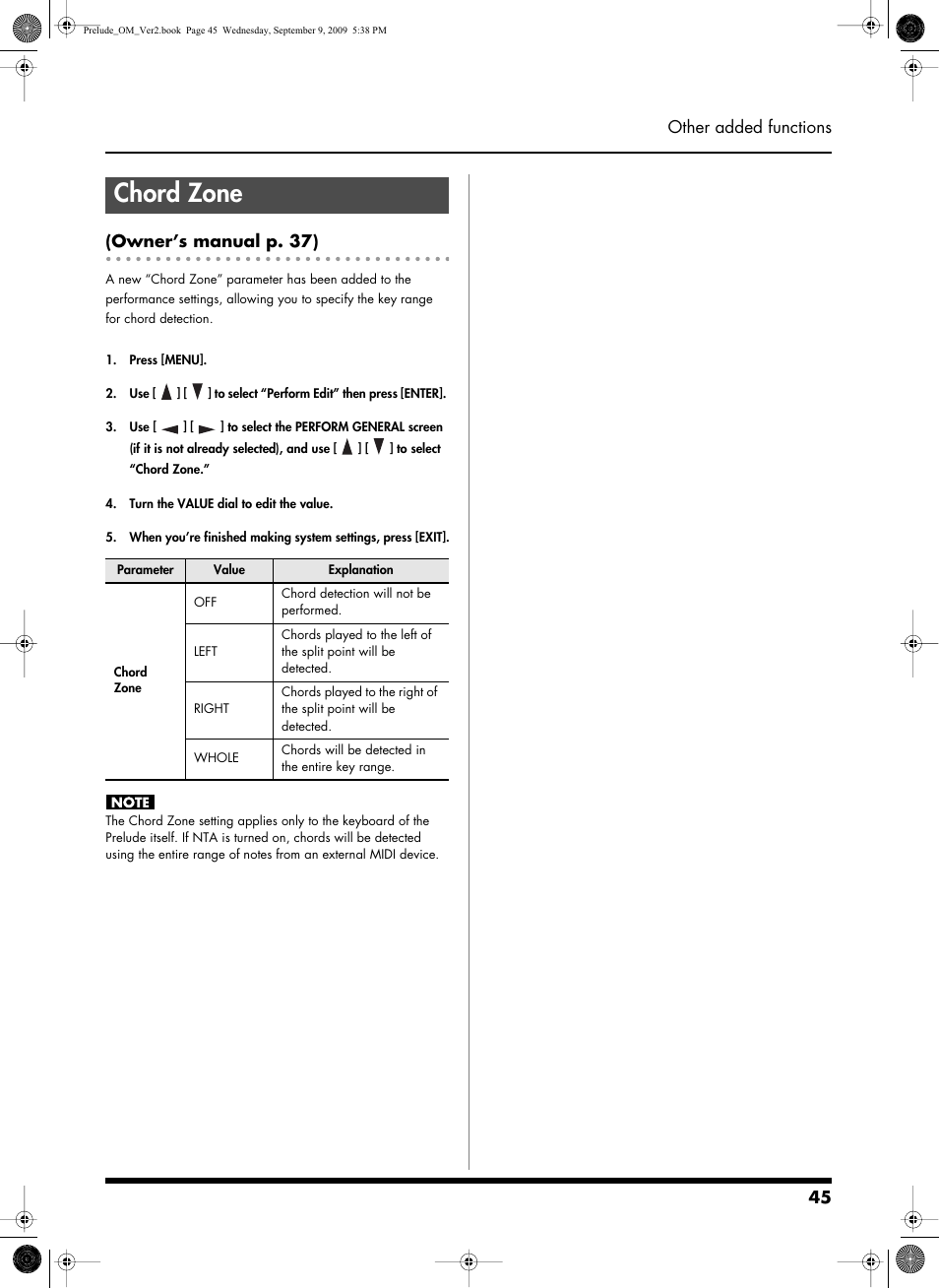 Chord zone, 45 other added functions (owner’s manual p. 37) | Roland PRELUDE MUSIC KEYBOARD 2 User Manual | Page 45 / 48