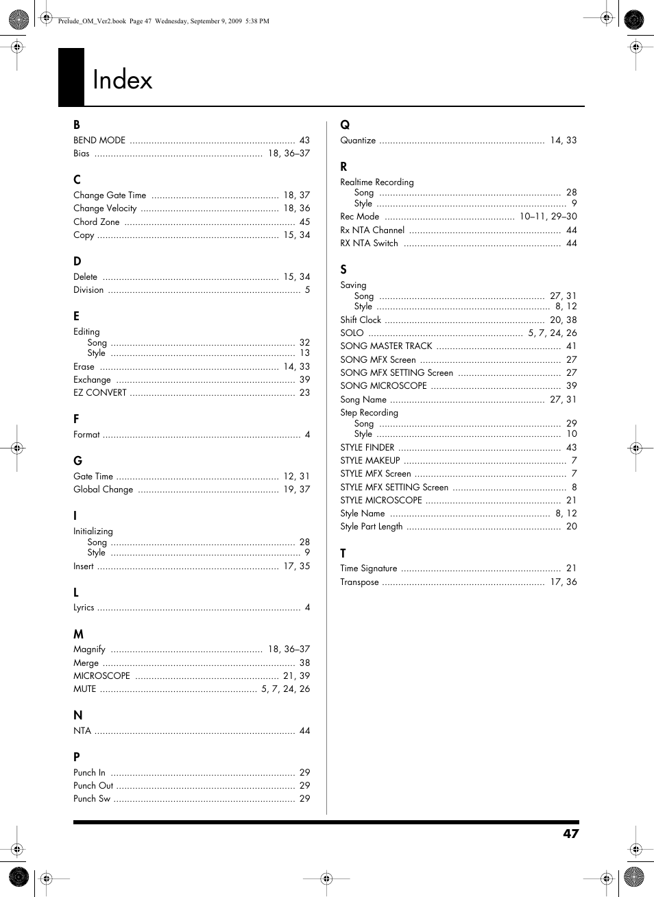 Index | Roland PRELUDE MUSIC KEYBOARD 2 User Manual | Page 47 / 48