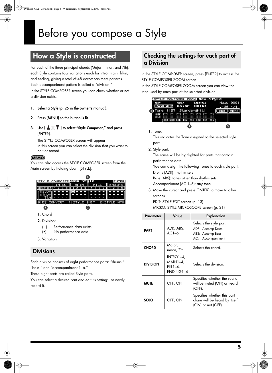 Before you compose a style, How a style is constructed, Divisions | Checking the settings for each part of a division | Roland PRELUDE MUSIC KEYBOARD 2 User Manual | Page 5 / 48