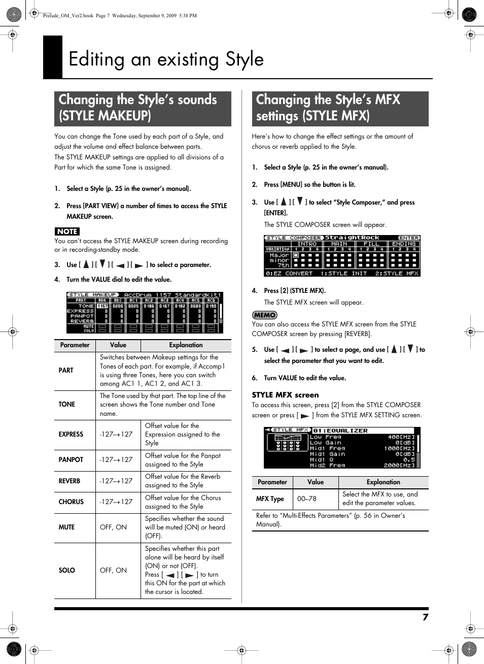 Editing an existing style, Changing the style’s sounds (stylemakeup), Changing the style’s mfx settings (style mfx) | Changing the style’s sounds (style makeup) | Roland PRELUDE MUSIC KEYBOARD 2 User Manual | Page 7 / 48