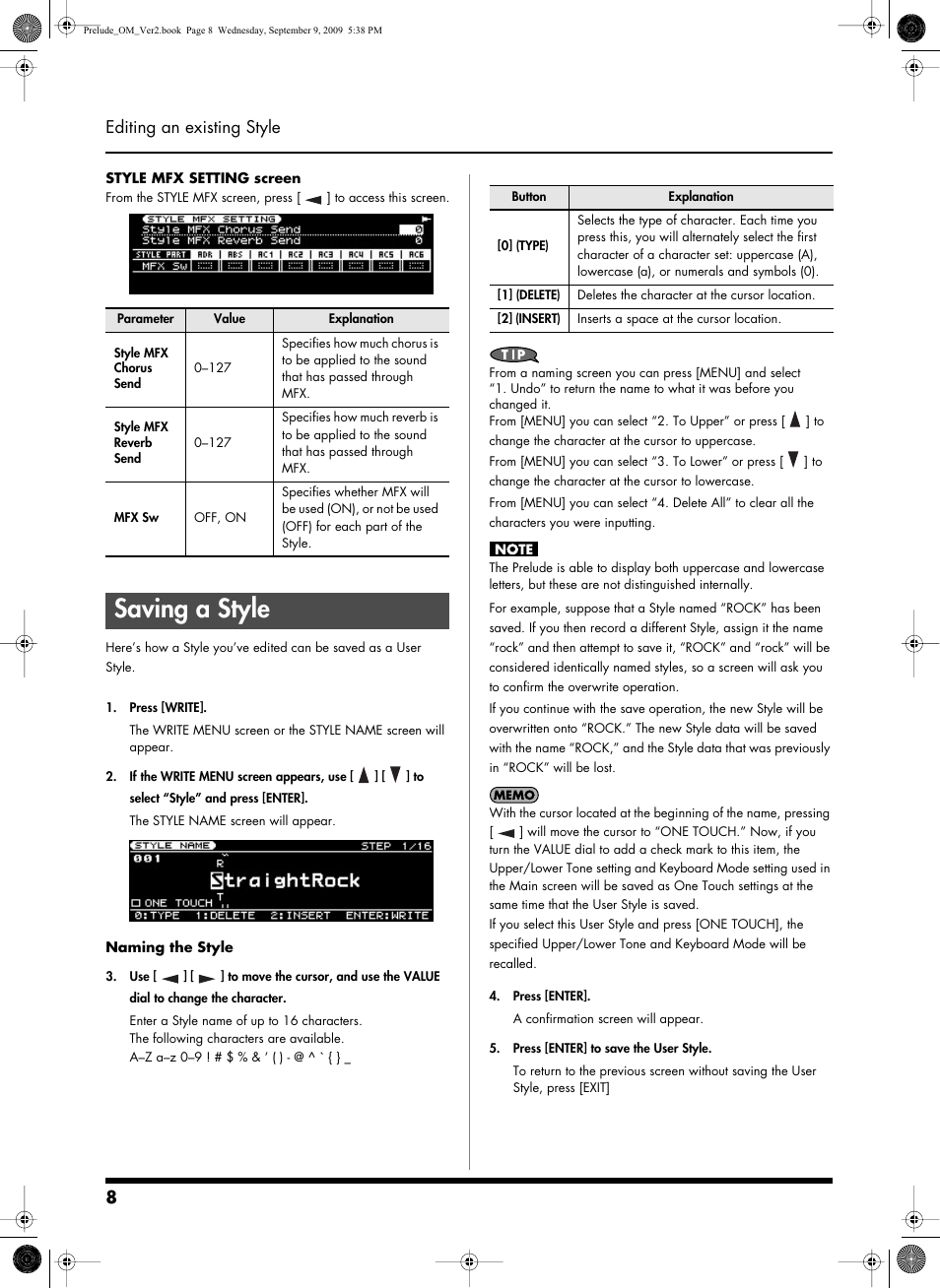 Saving a style, 8 editing an existing style | Roland PRELUDE MUSIC KEYBOARD 2 User Manual | Page 8 / 48