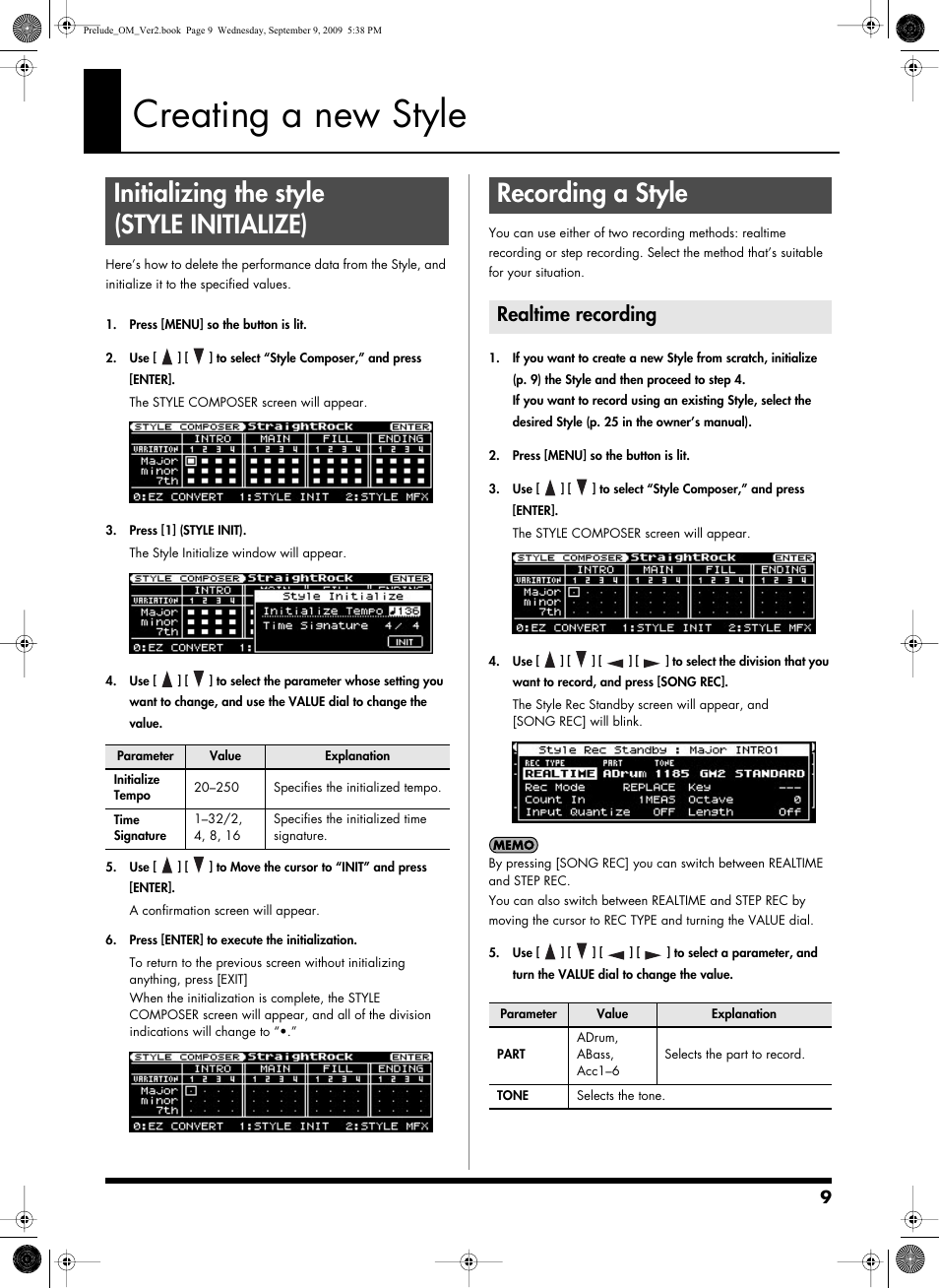 Creating a new style, Initializing the style (styleinitialize), Recording a style | Realtime recording, Initializing the style (style initialize) | Roland PRELUDE MUSIC KEYBOARD 2 User Manual | Page 9 / 48