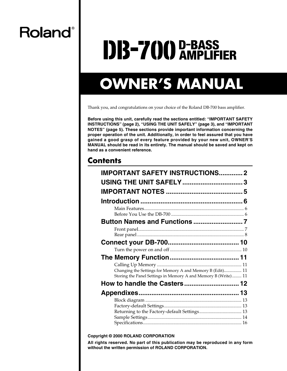 Roland DB-700 User Manual | 20 pages