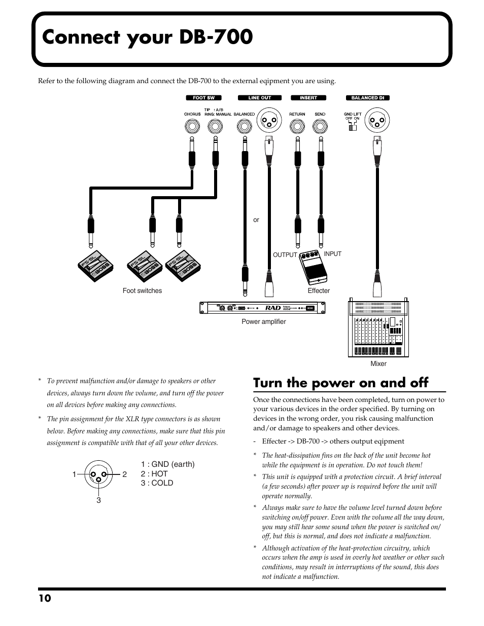 Connect your db-700, Turn the power on and off | Roland DB-700 User Manual | Page 10 / 20