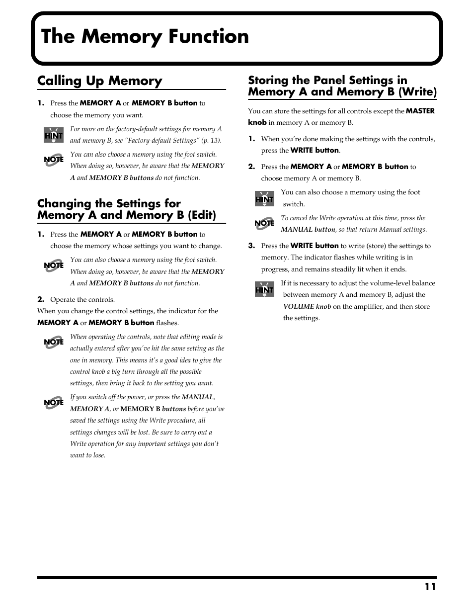 The memory function, Calling up memory | Roland DB-700 User Manual | Page 11 / 20