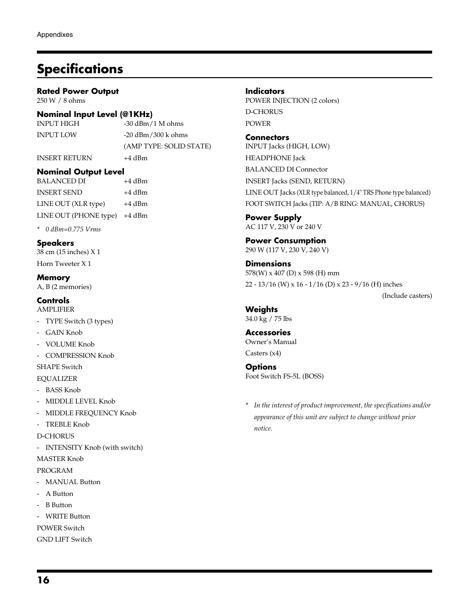 Specifications | Roland DB-700 User Manual | Page 16 / 20