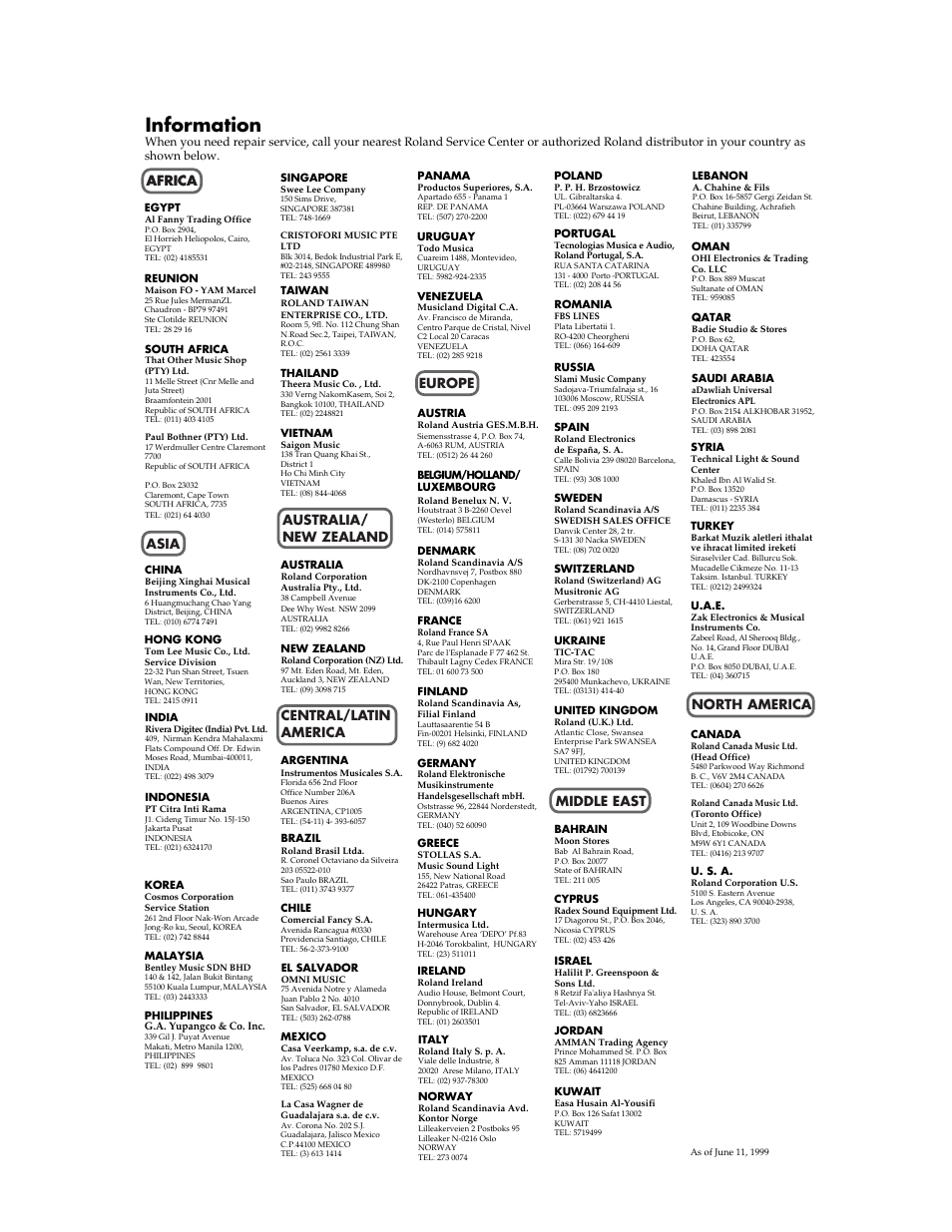 Information, Africa | Roland DB-700 User Manual | Page 18 / 20