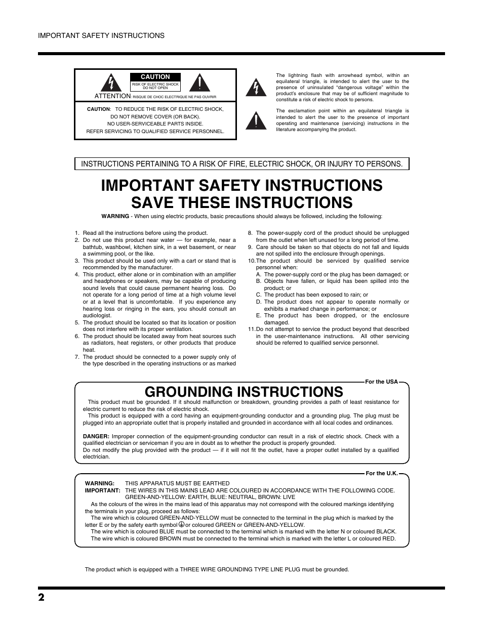 Grounding instructions | Roland DB-700 User Manual | Page 2 / 20