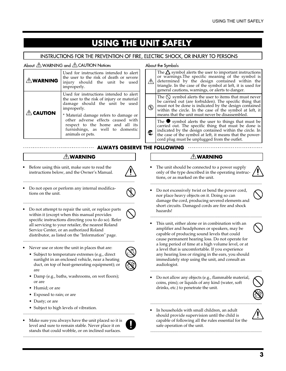 Using the unit safely | Roland DB-700 User Manual | Page 3 / 20
