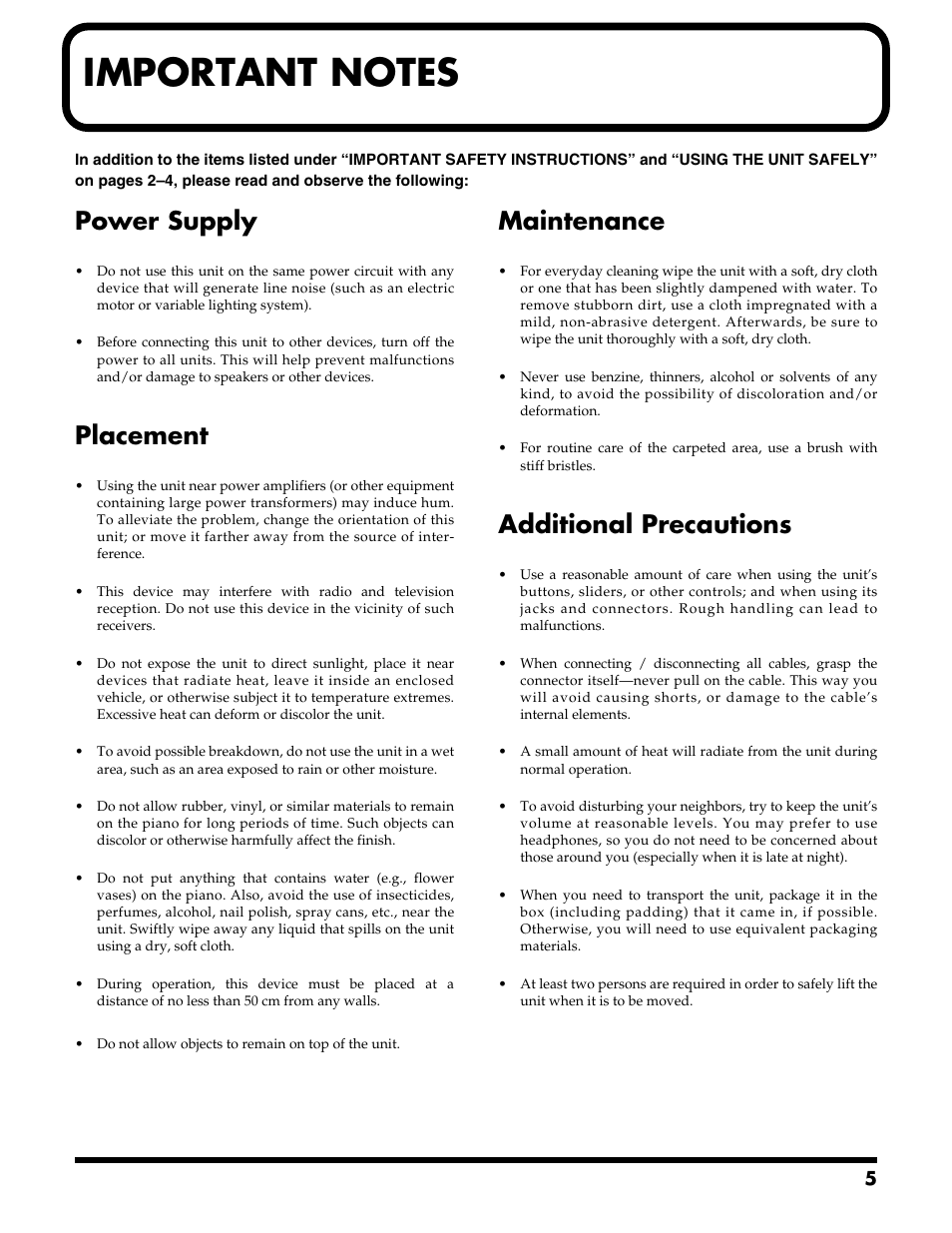 Important notes, Power supply, Placement | Maintenance, Additional precautions | Roland DB-700 User Manual | Page 5 / 20