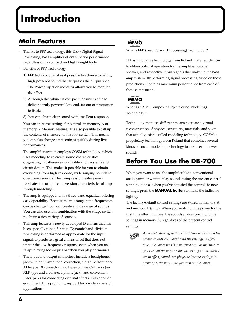 Introduction, Main features, Before you use the db-700 | Roland DB-700 User Manual | Page 6 / 20