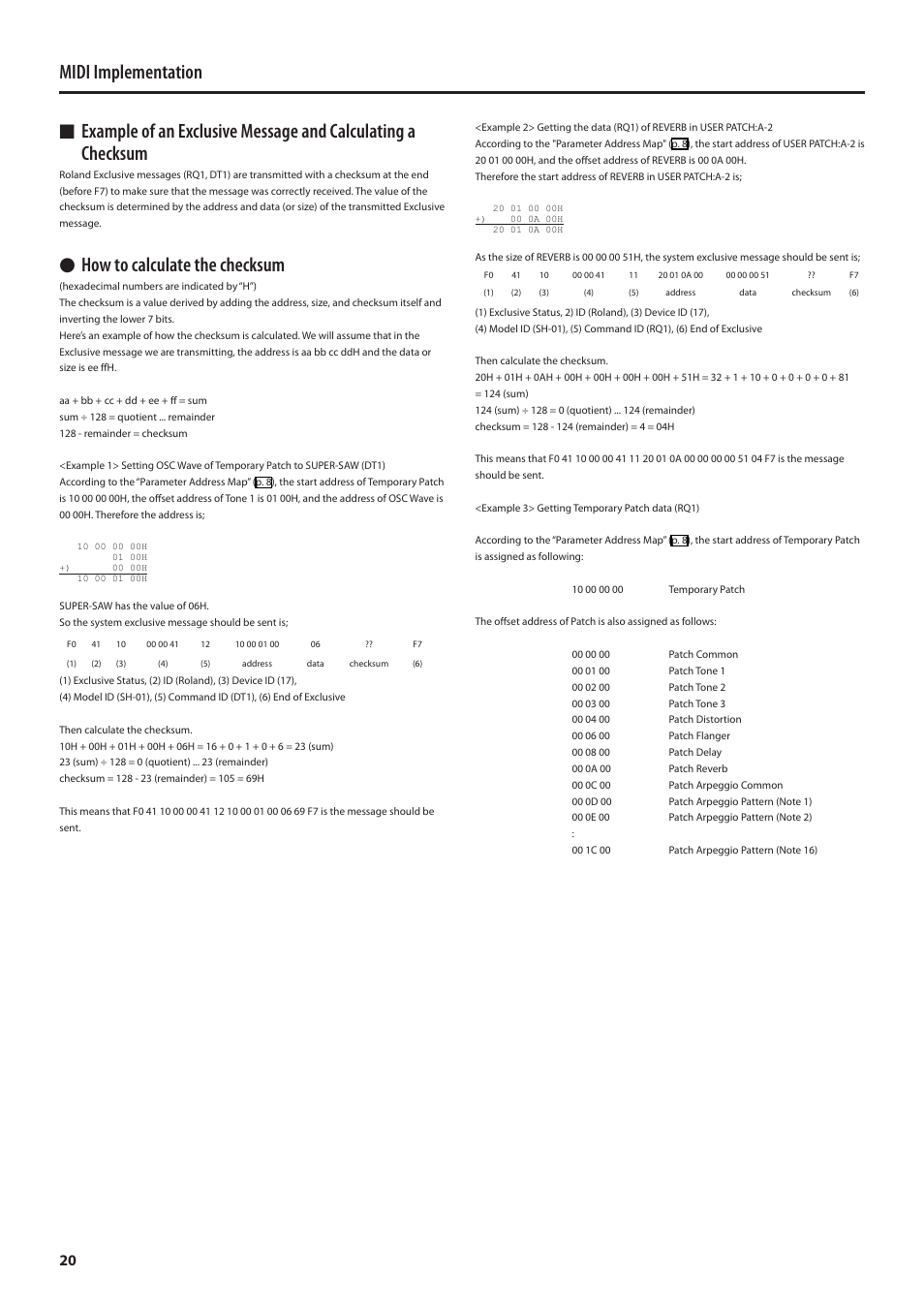 O (p. 20), Lhow to calculate the checksum | Roland MIDI Implementation SH-01 User Manual | Page 20 / 21