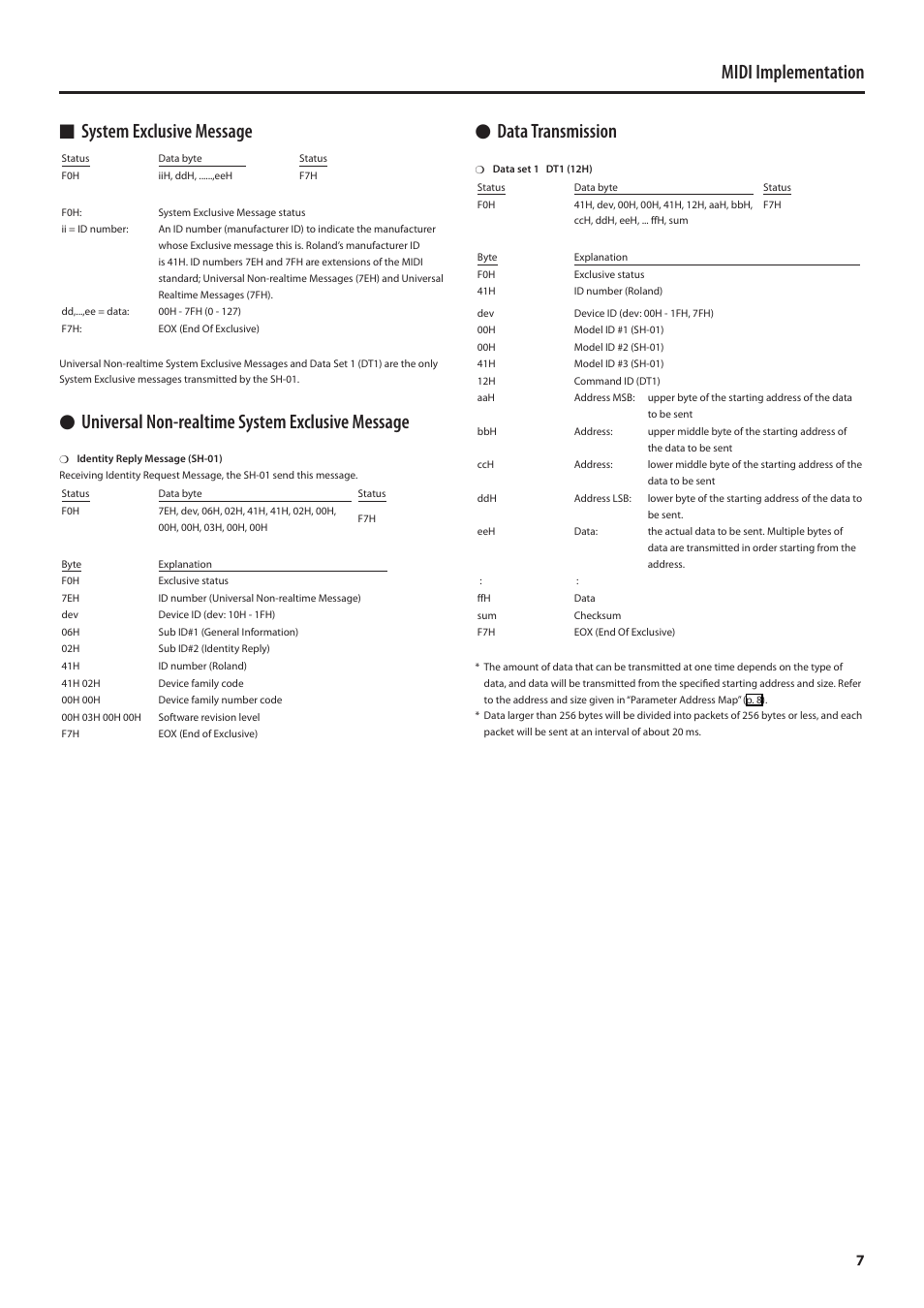 System exclusive message, Midi implementation n system exclusive message, Luniversal non-realtime system exclusive message | Ldata transmission | Roland MIDI Implementation SH-01 User Manual | Page 7 / 21