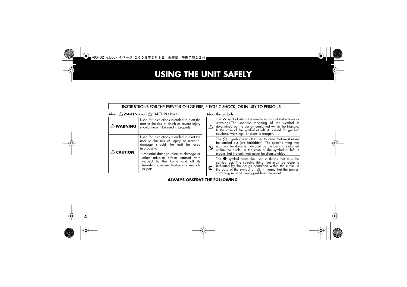 Using the unit safely | Roland fm/am radio User Manual | Page 4 / 84