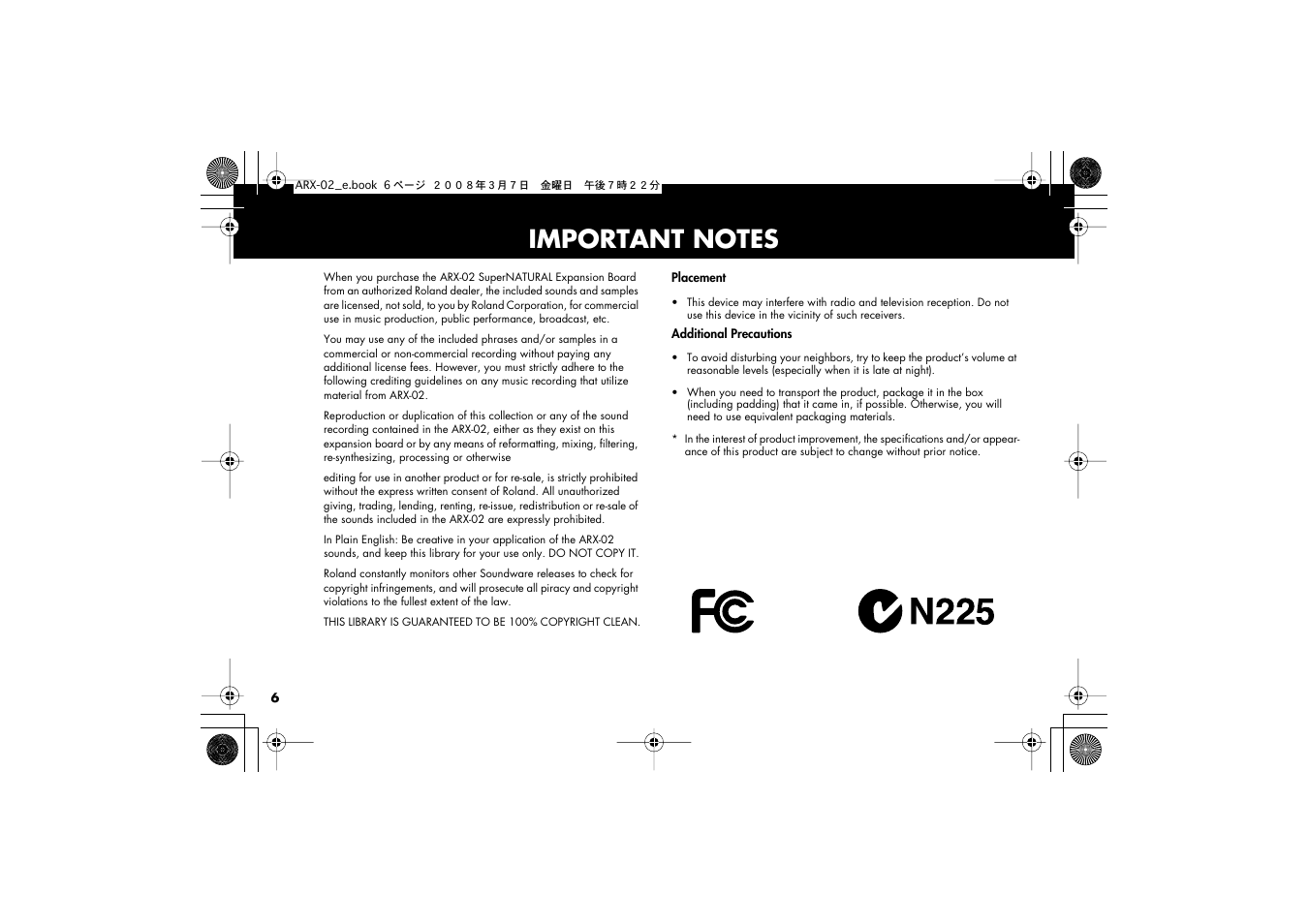 Important notes | Roland fm/am radio User Manual | Page 6 / 84