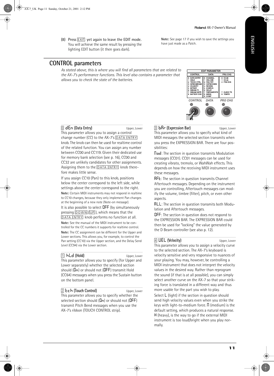 Control parameters | Roland AX-7 User Manual | Page 11 / 18