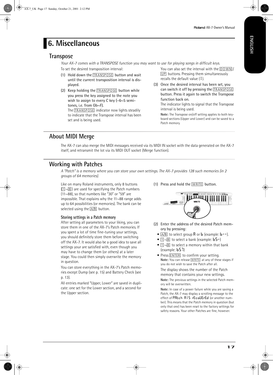 Miscellaneous, Transpose, About midi merge | Working with patches | Roland AX-7 User Manual | Page 17 / 18