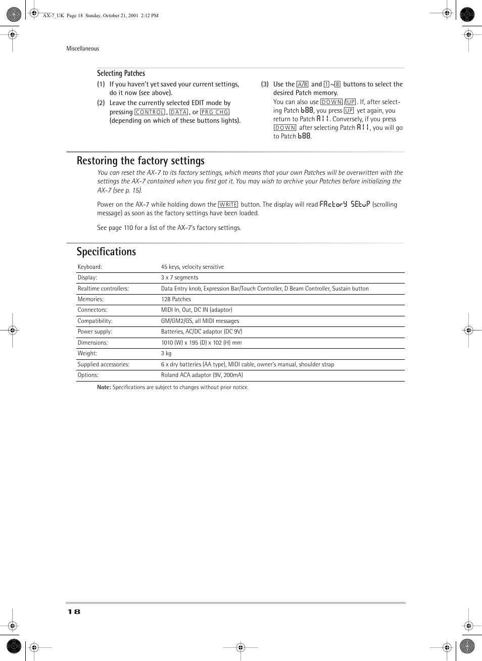 Restoring the factory settings, Specifications | Roland AX-7 User Manual | Page 18 / 18