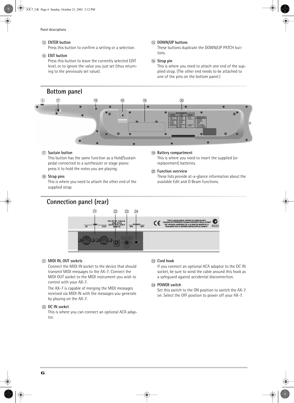 Bottom panel, Connection panel (rear) | Roland AX-7 User Manual | Page 6 / 18