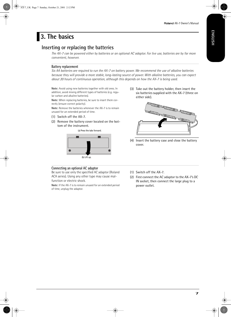 The basics, Inserting or replacing the batteries | Roland AX-7 User Manual | Page 7 / 18