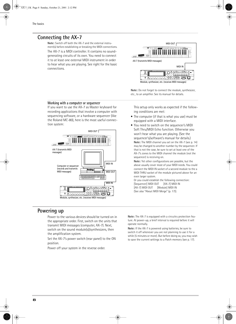 Connecting the ax-7, Powering up, Working with a computer or sequencer | Roland AX-7 User Manual | Page 8 / 18