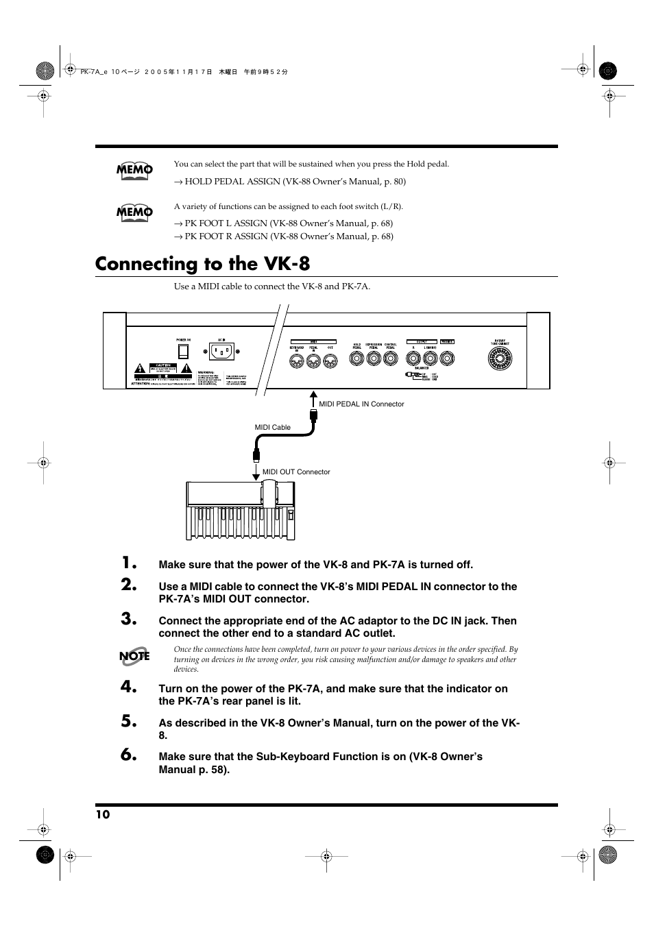 Connecting to the vk-8 | Roland PK-7A User Manual | Page 10 / 18