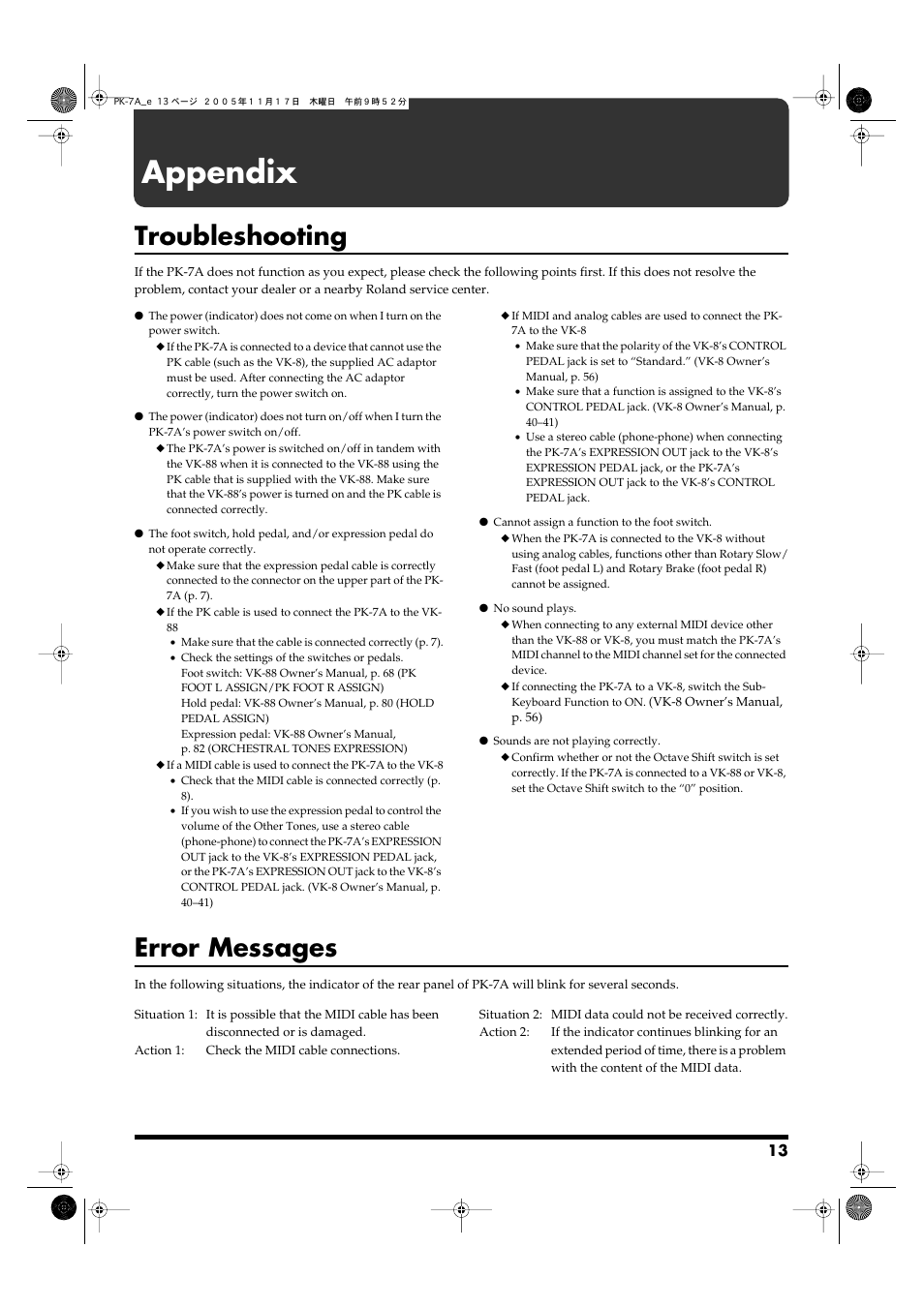 Appendix, Troubleshooting, Error messages | Roland PK-7A User Manual | Page 13 / 18