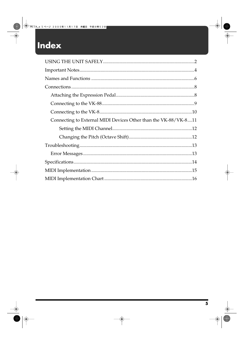 Index | Roland PK-7A User Manual | Page 5 / 18