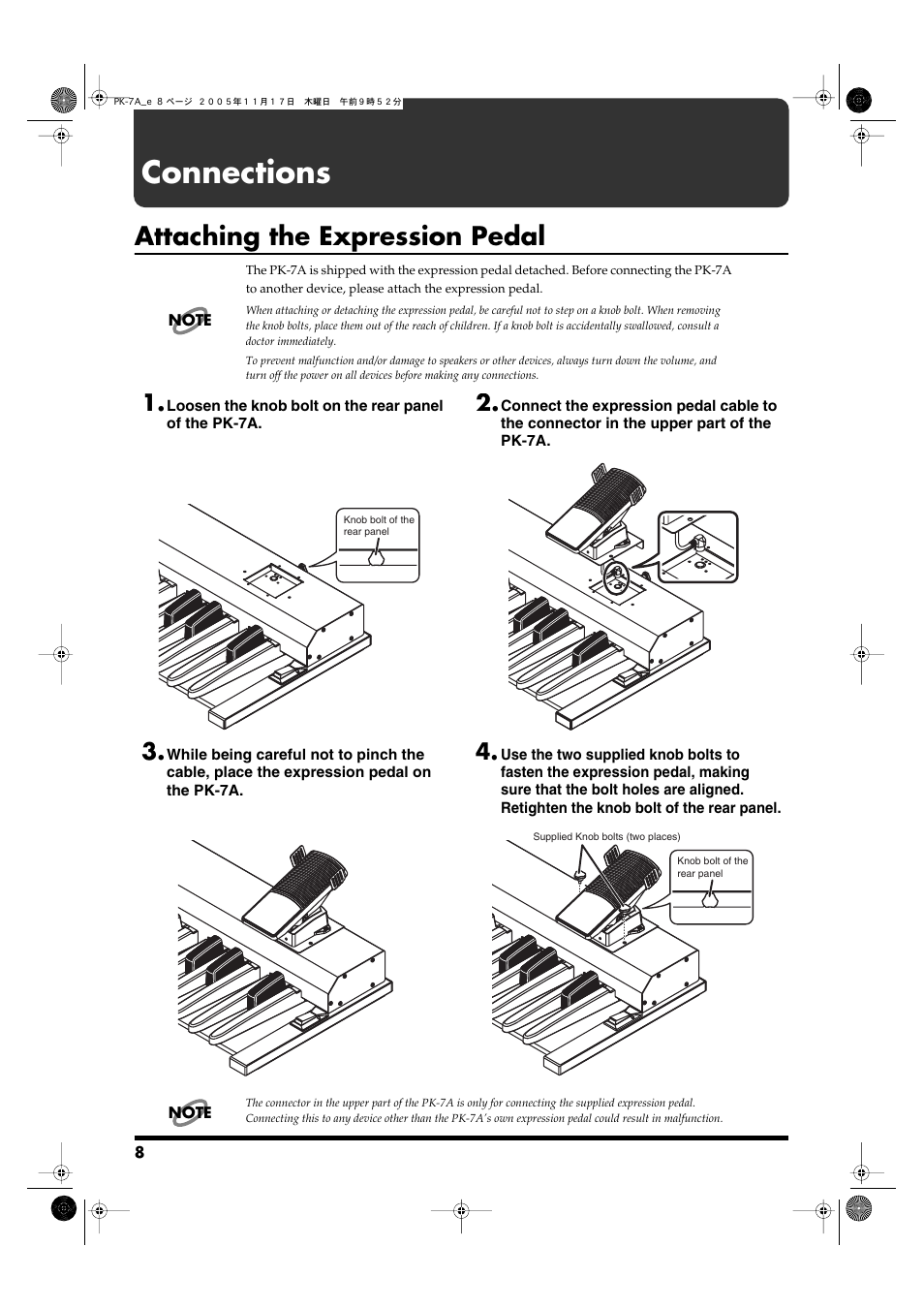 Connections, Attaching the expression pedal | Roland PK-7A User Manual | Page 8 / 18