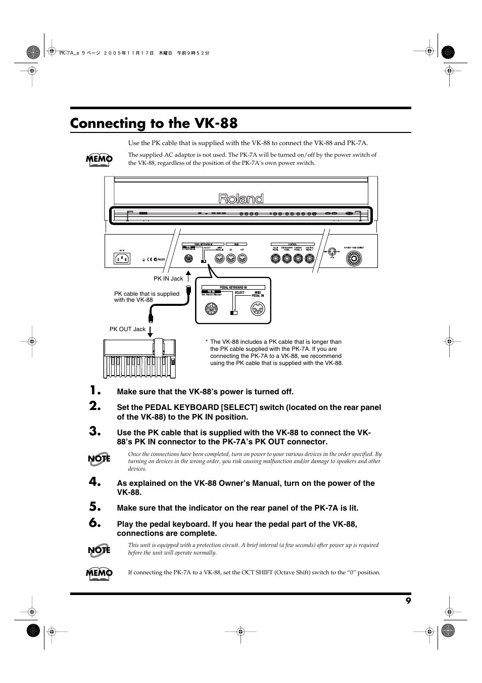 Connecting to the vk-88 | Roland PK-7A User Manual | Page 9 / 18